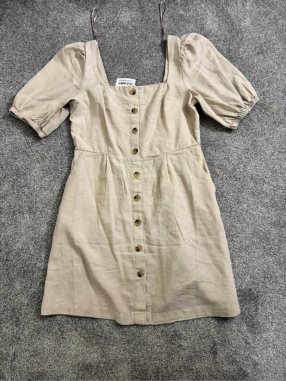 Old Navy Puff-Sleeve Linen-Blend Button-Front Mini Dress Beige Medium